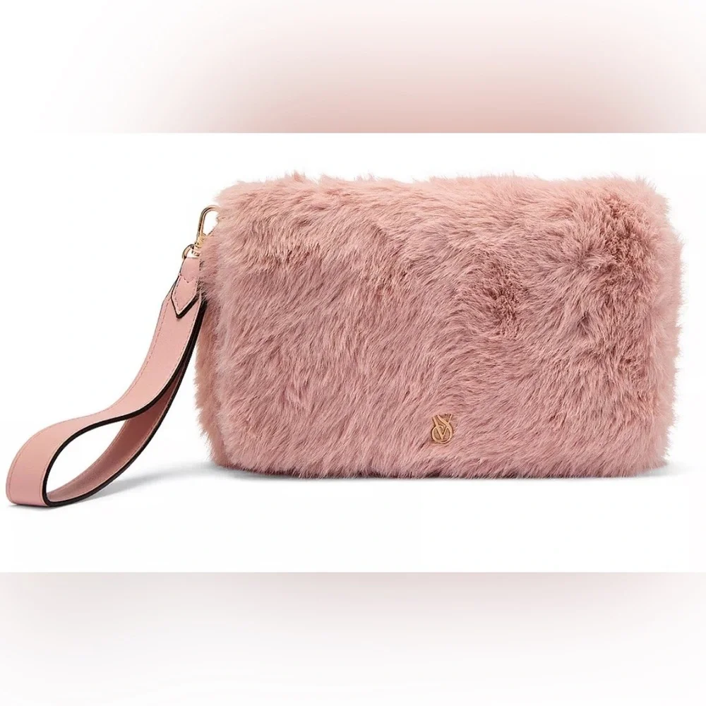 NWT Victoria Secret Pink Faux Fur Wristlet Pouch Cosmetic Bag Makeup Organizer